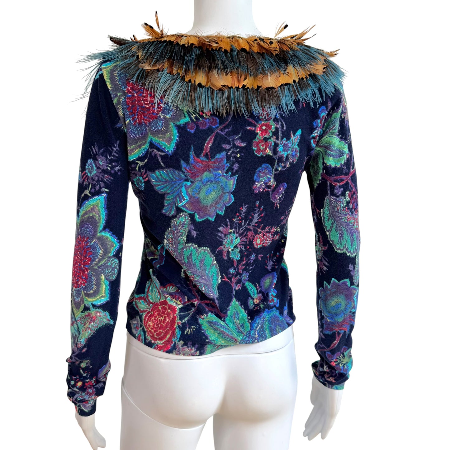 Blumarine Blue Floral Feather Trim Collar Cardigan