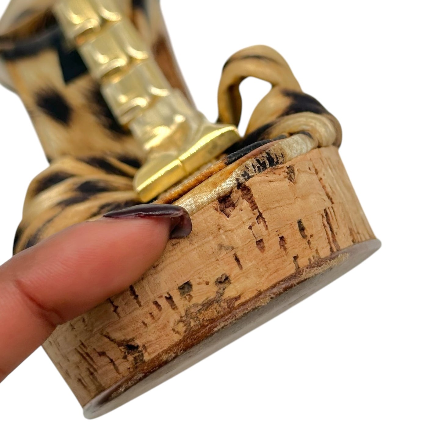 Roberto Cavalli Leopard Satin & Gold Embellished Cork Platform Sandal Heels