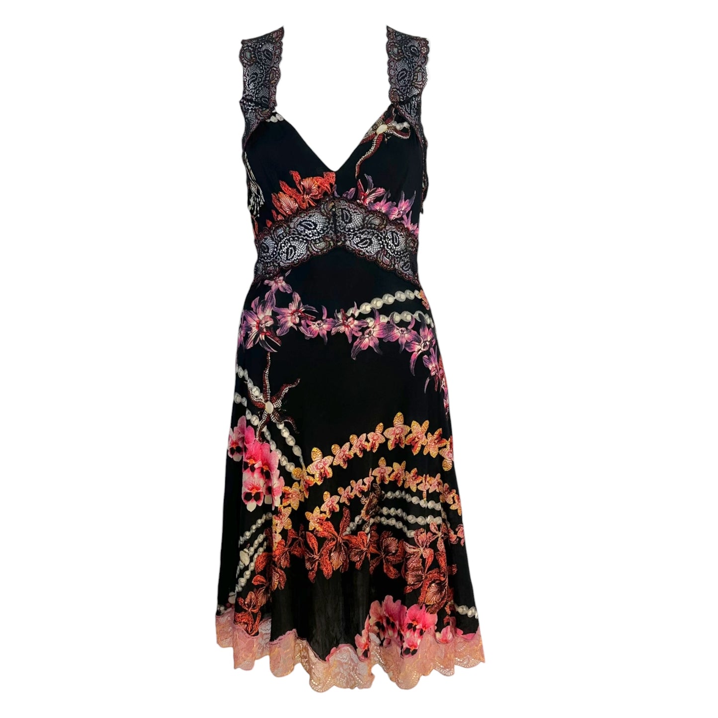 Just Cavalli Roberto Cavalli Floral & Pearl Print Lace Trim Midi Dress
