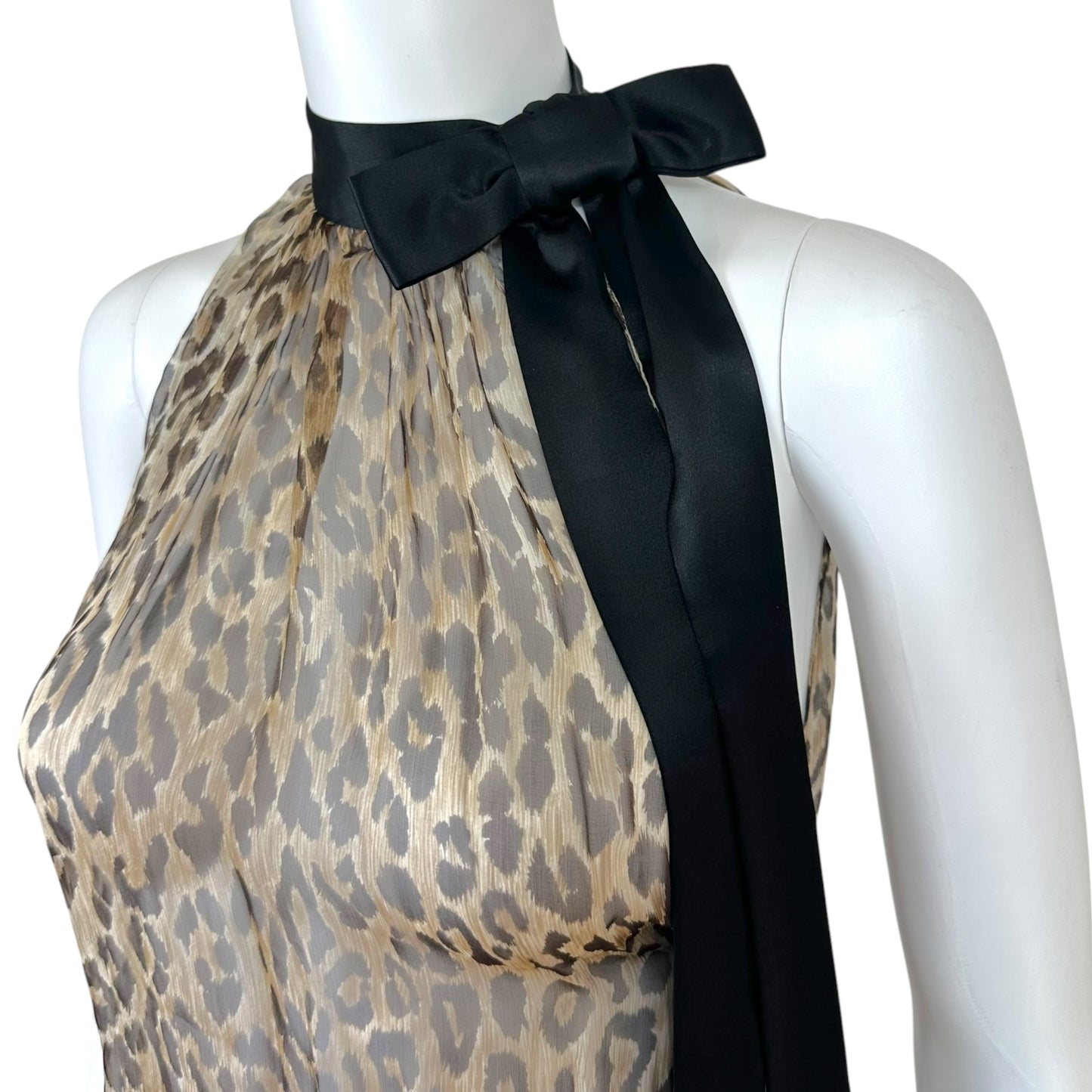 Dolce & Gabbana Sheer Leopard Print Silk Bow Neck Tie Halter Blouse