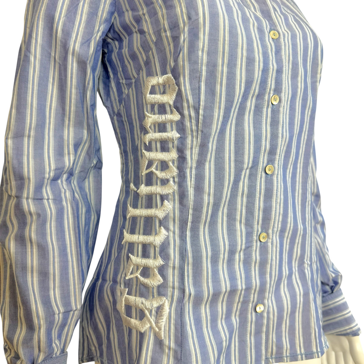 Galliano Blue Pinstriped Logo Embroidered Button Up Blouse
