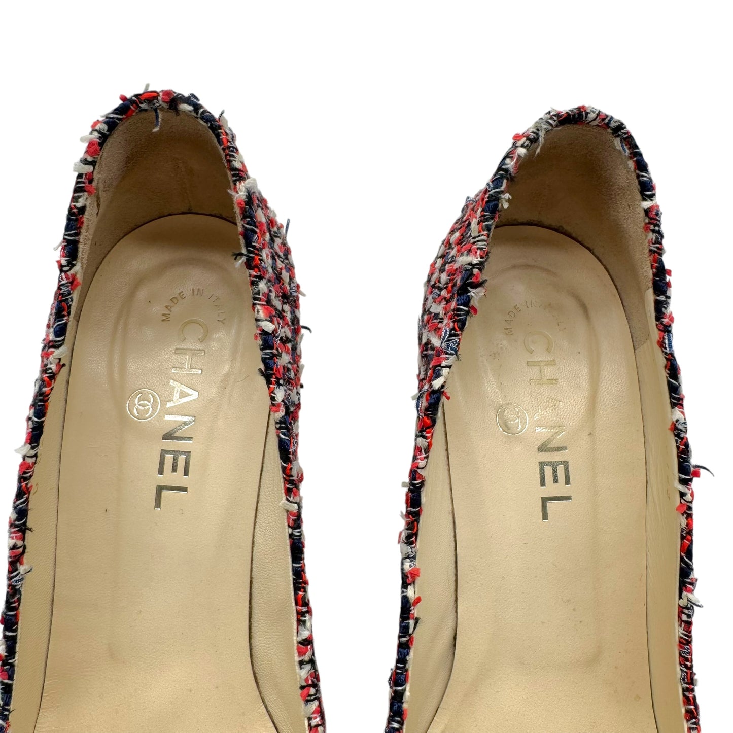 Chanel Red Blue Tweed Rhinestone CC Logo Heels