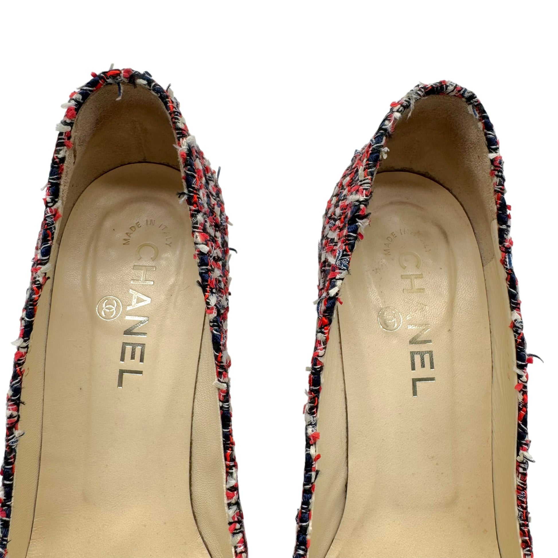 Chanel Red Blue Tweed Rhinestone CC Logo Heels