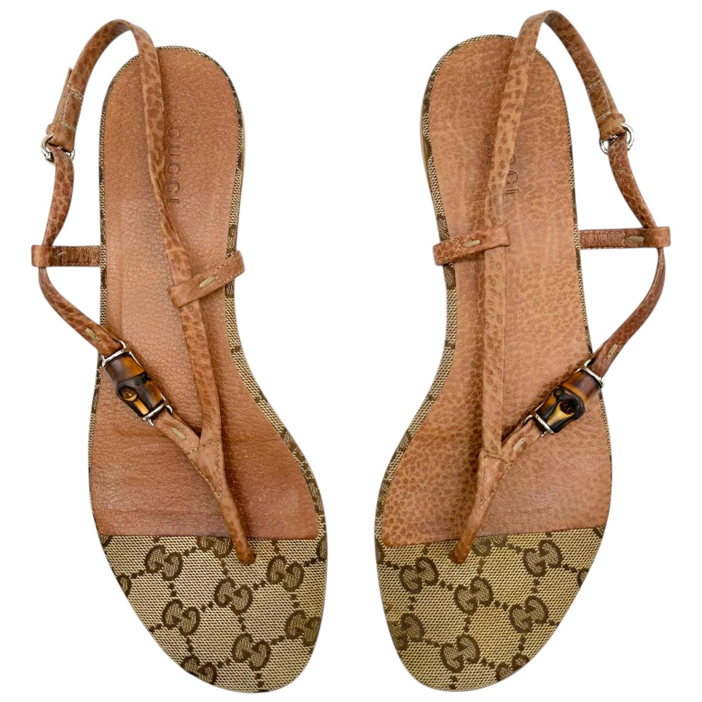 Gucci Tan Monogram Leather Bamboo Flip Flops Size 38.5