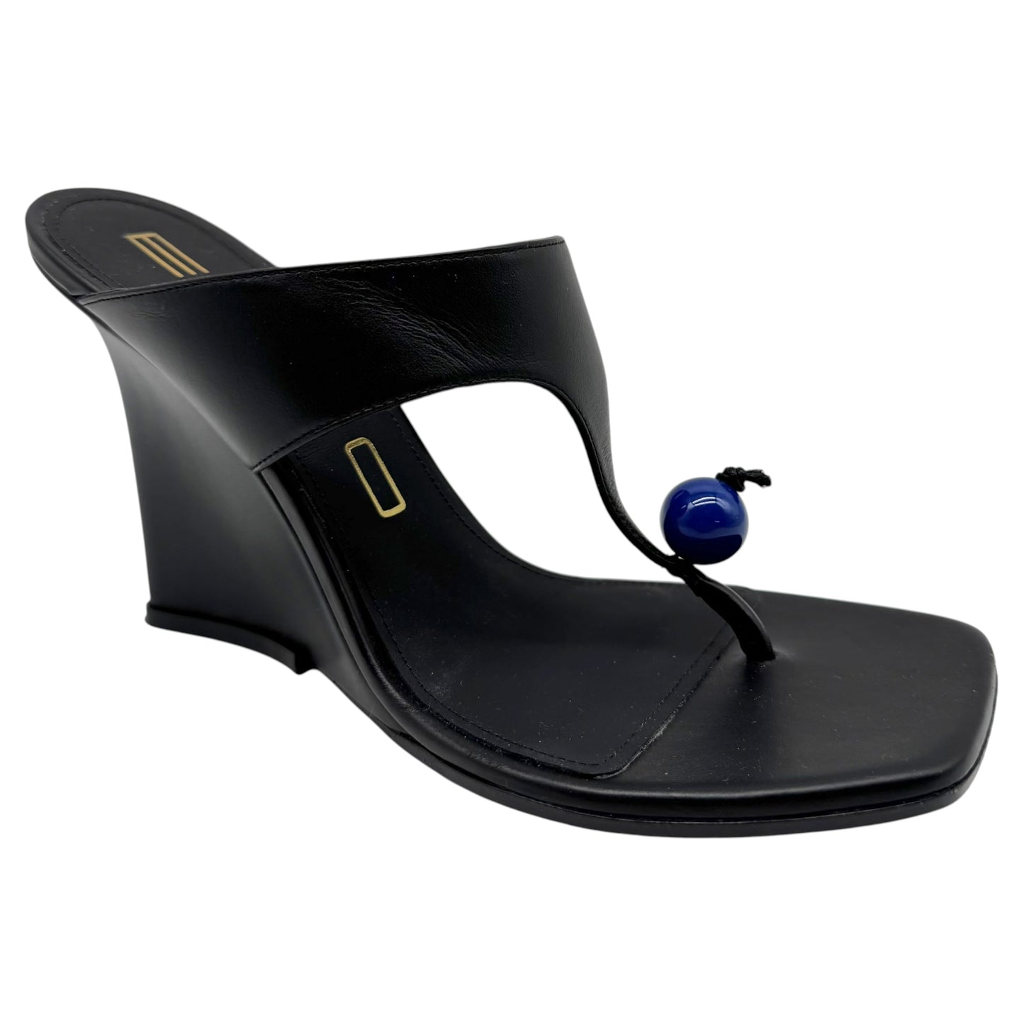Etro Black Leather & Blue Bead Thong Sandal Wedge Heels