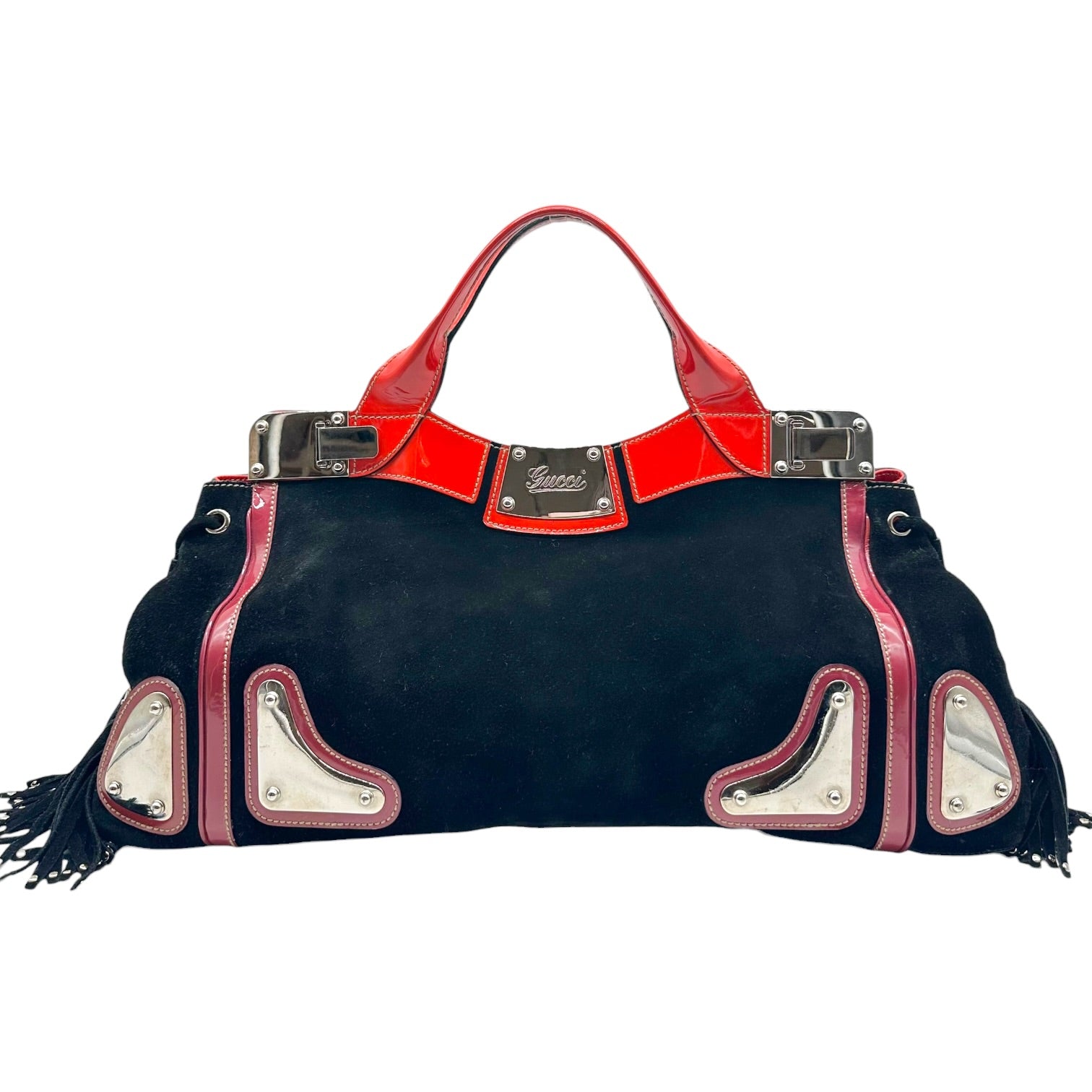 Gucci Black Suede Red Patent Fringe Tote Bag