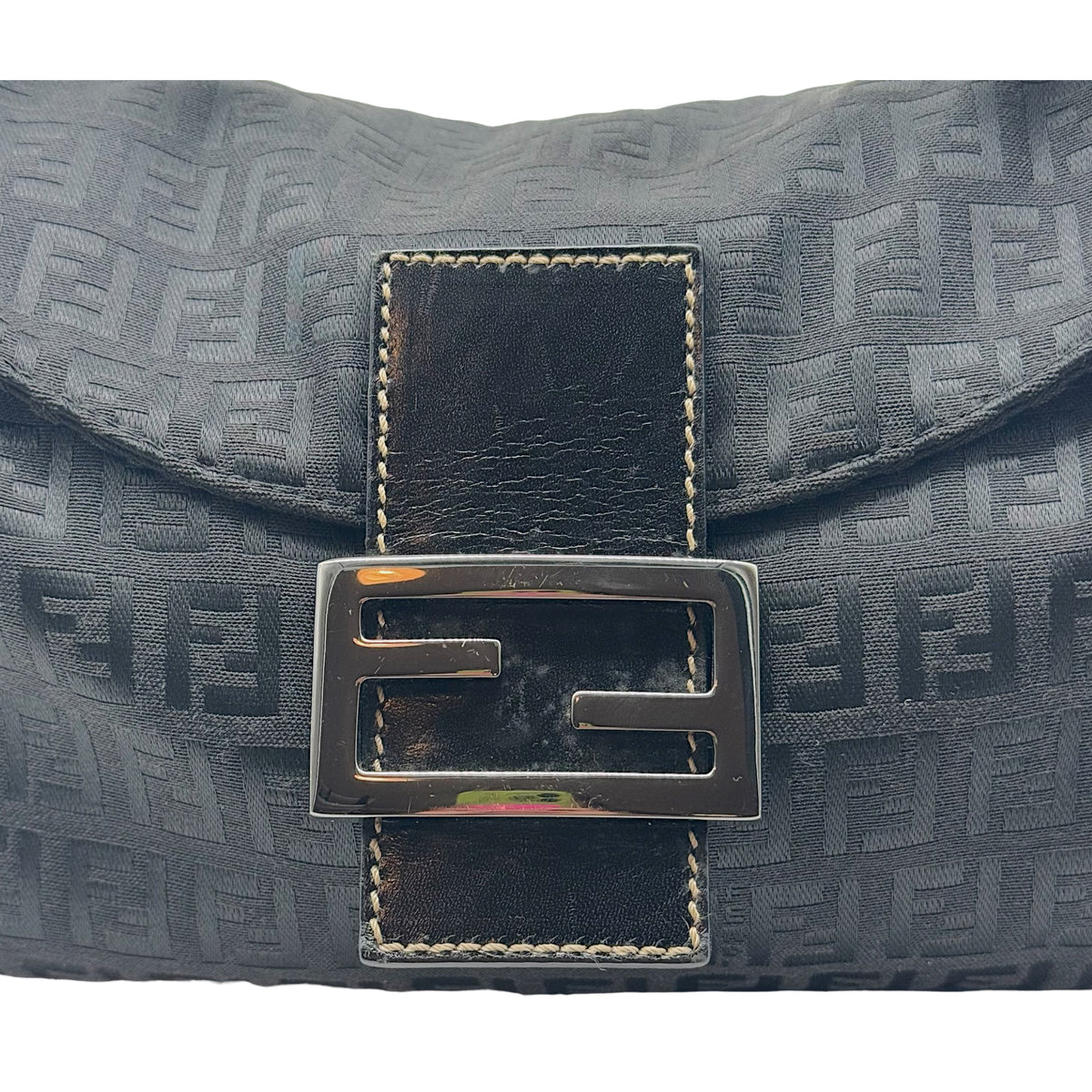 Fendi Black Zucchino Monogram Fold-Over Baguette Bag