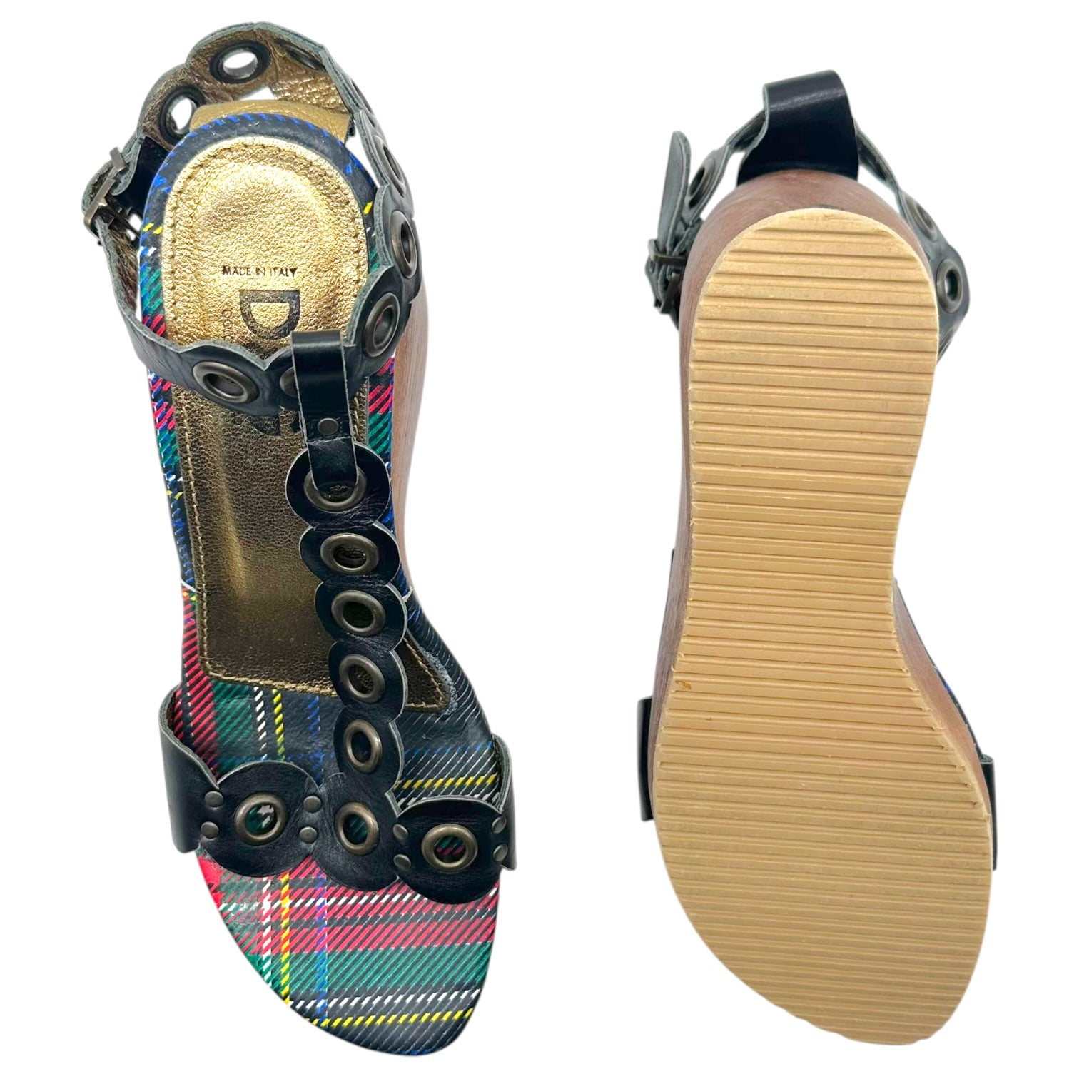 D&G Wooden Platform Heels Plaid Red Blue Green