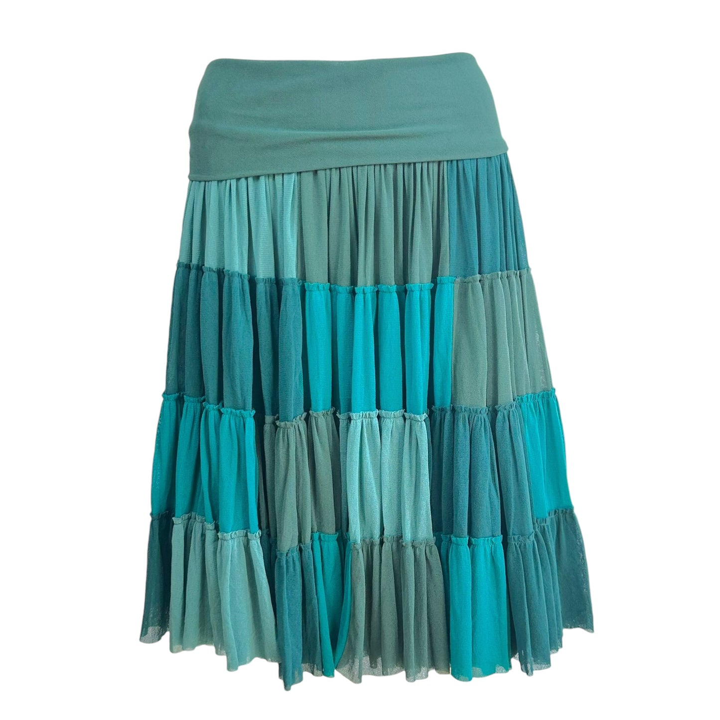 Jean Paul Gaultier Soleil Turquoise Patchwork Tiered Mesh Midi Skirt