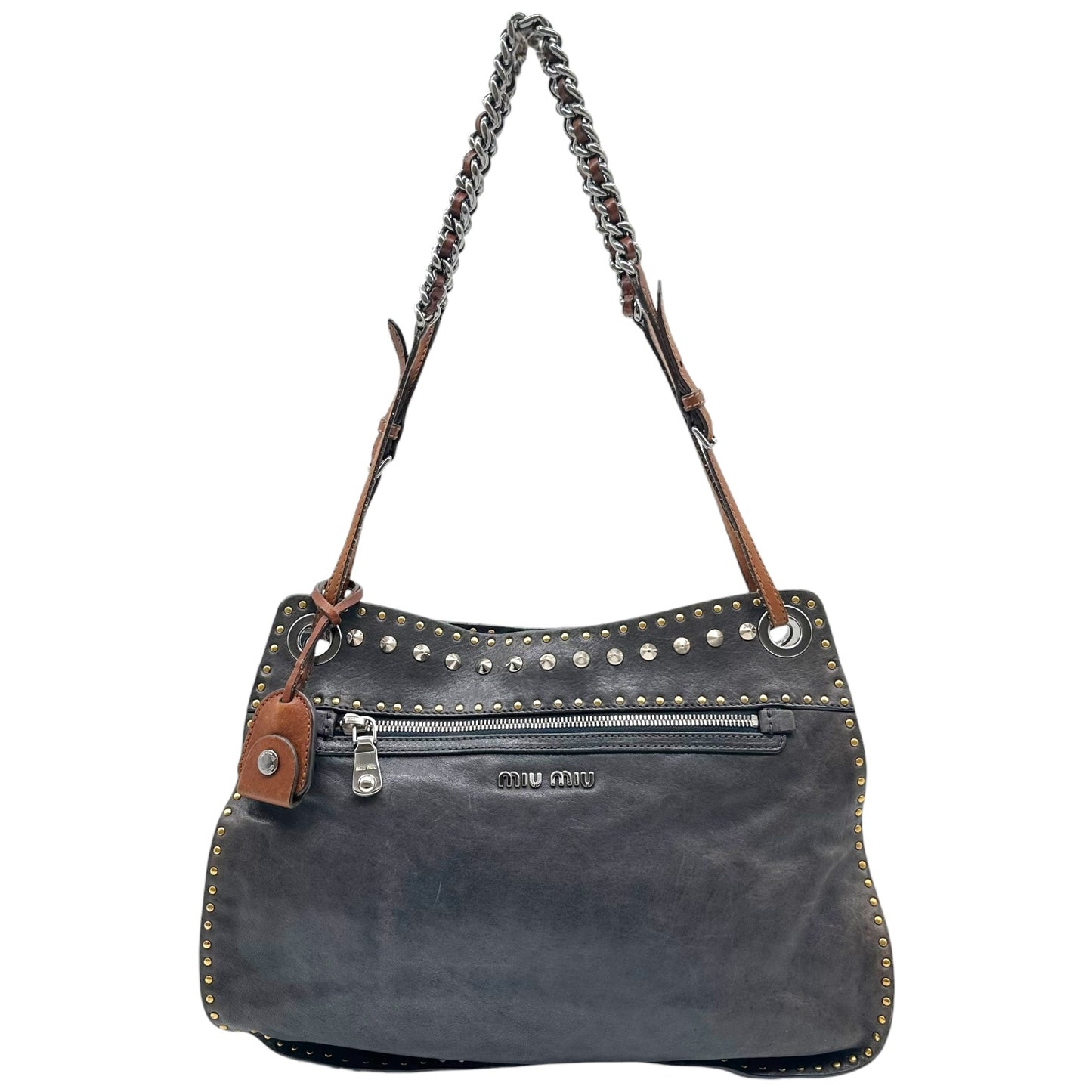 Miu Miu Gray & Brown Studded Leather Hobo Bag