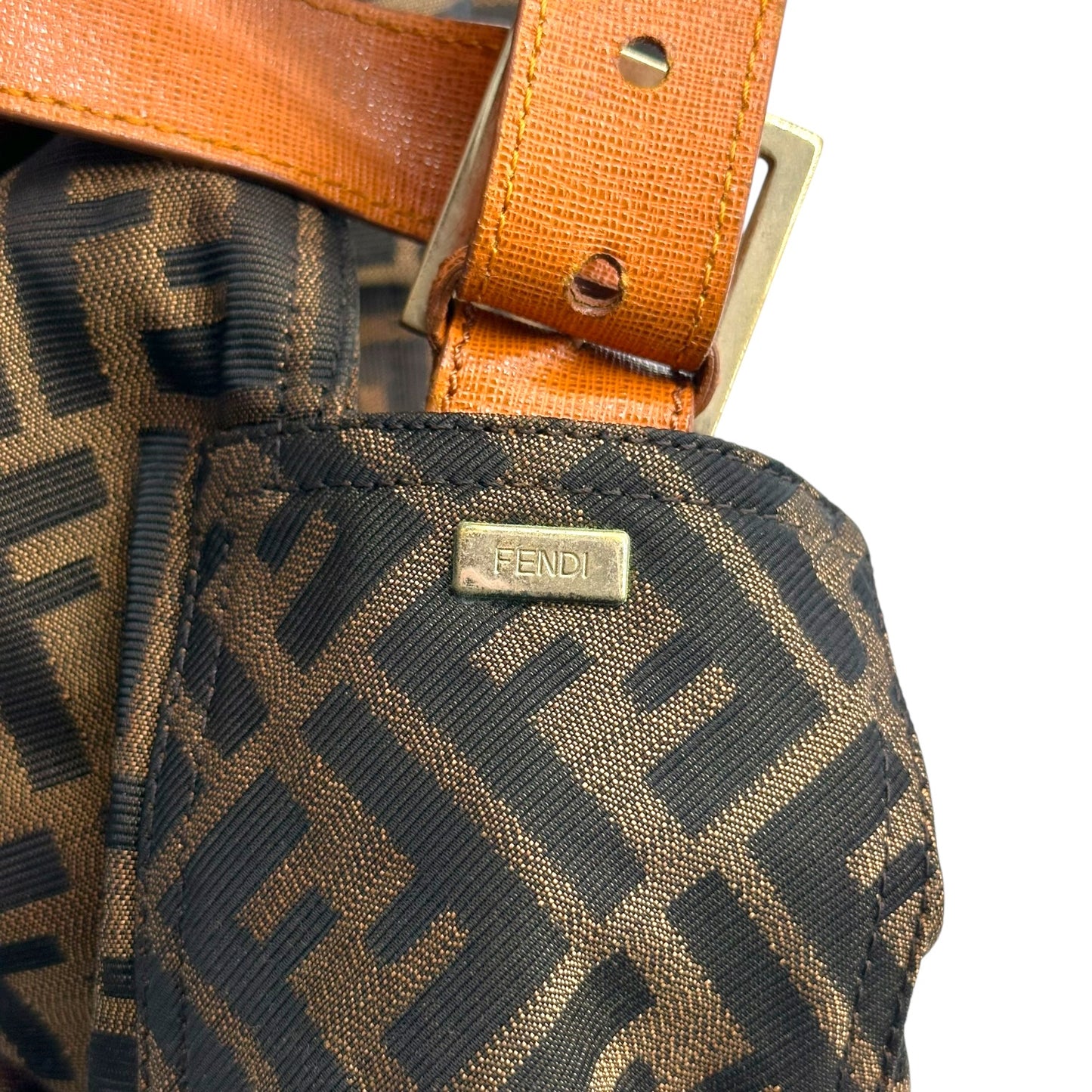 Fendi Classic Zucca Monogram & Cognac Leather Oversized Baguette Crossbody Bag