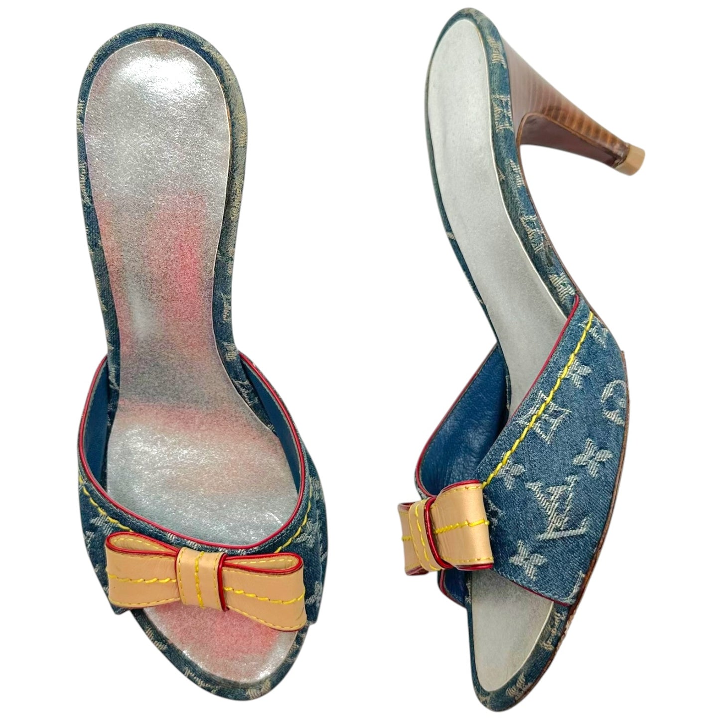 Louis Vuitton Denim Monogram Leather Bow Heeled Mule Sandals
