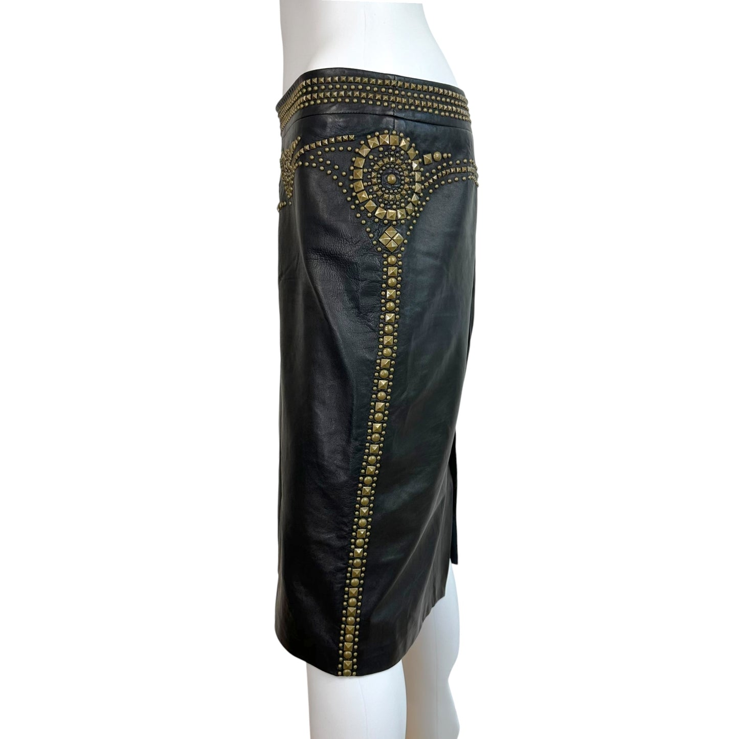 Roberto Cavalli F/W 2005 Black Leather & Gold Studded Midi Skirt