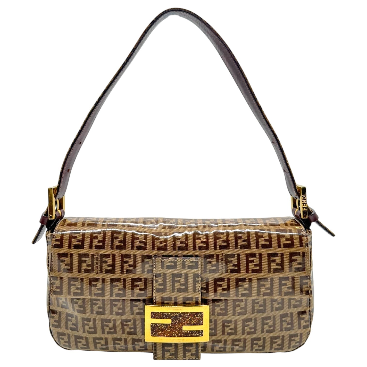 Fendi Coated Canvas Zucchino Monogram Glitter Buckle Baguette Bag - Outfit Repeater