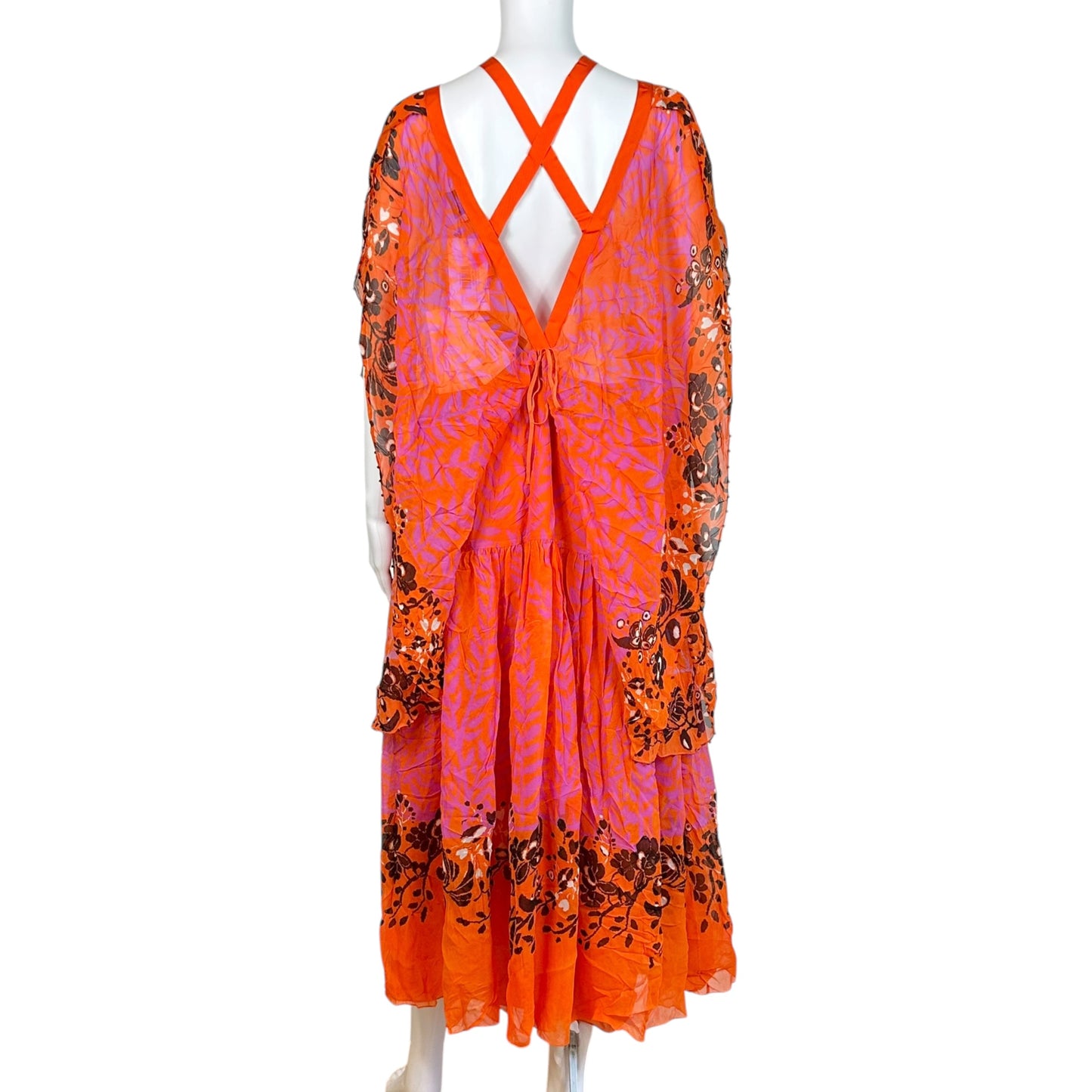 Fendi Orange & Purple Printed Silk Batwing Sleeve Cut-Out Maxi Dress NEW