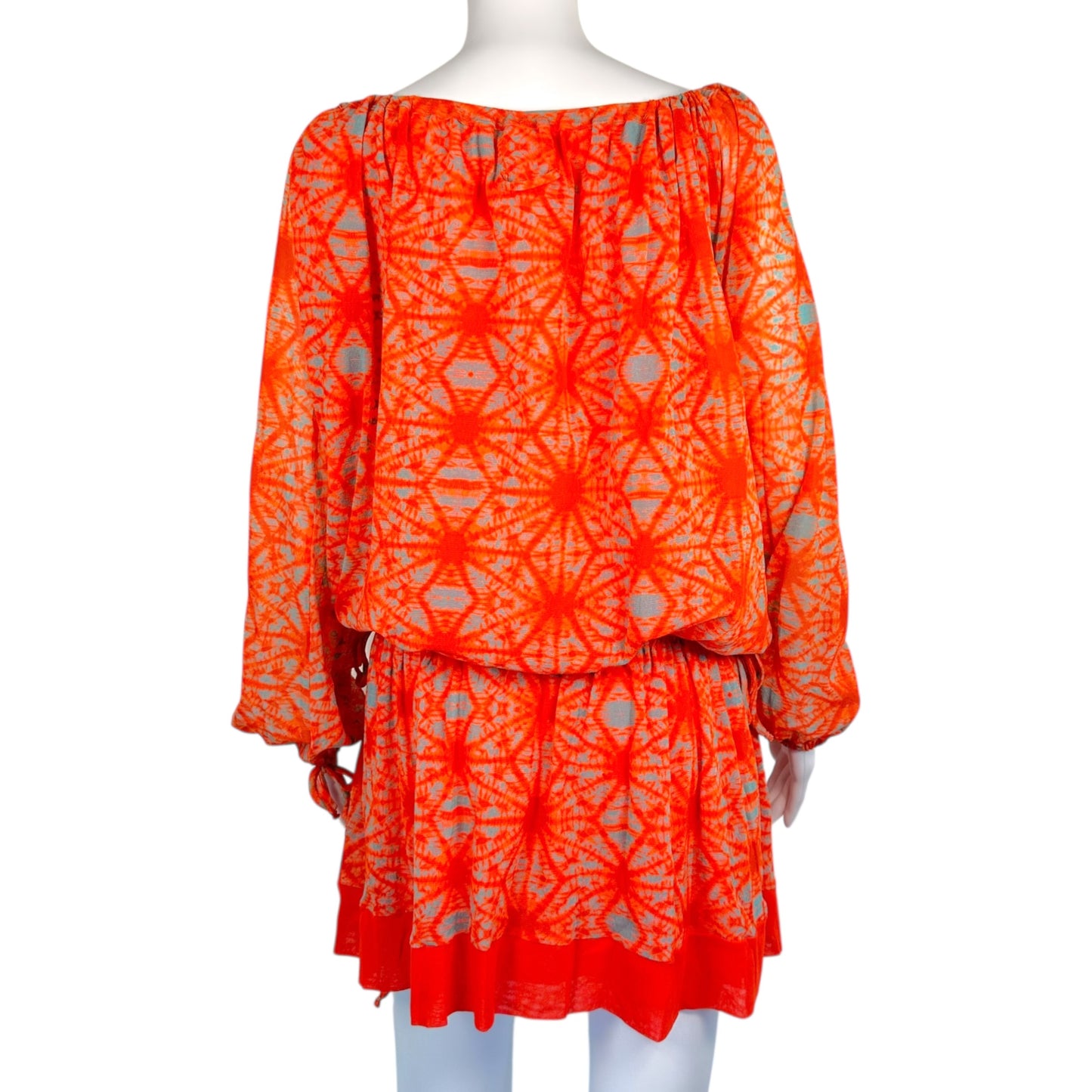 Jean Paul Gaultier Soleil Orange Mesh Printed Off-Shoulder Cinch Waist Mini Dress