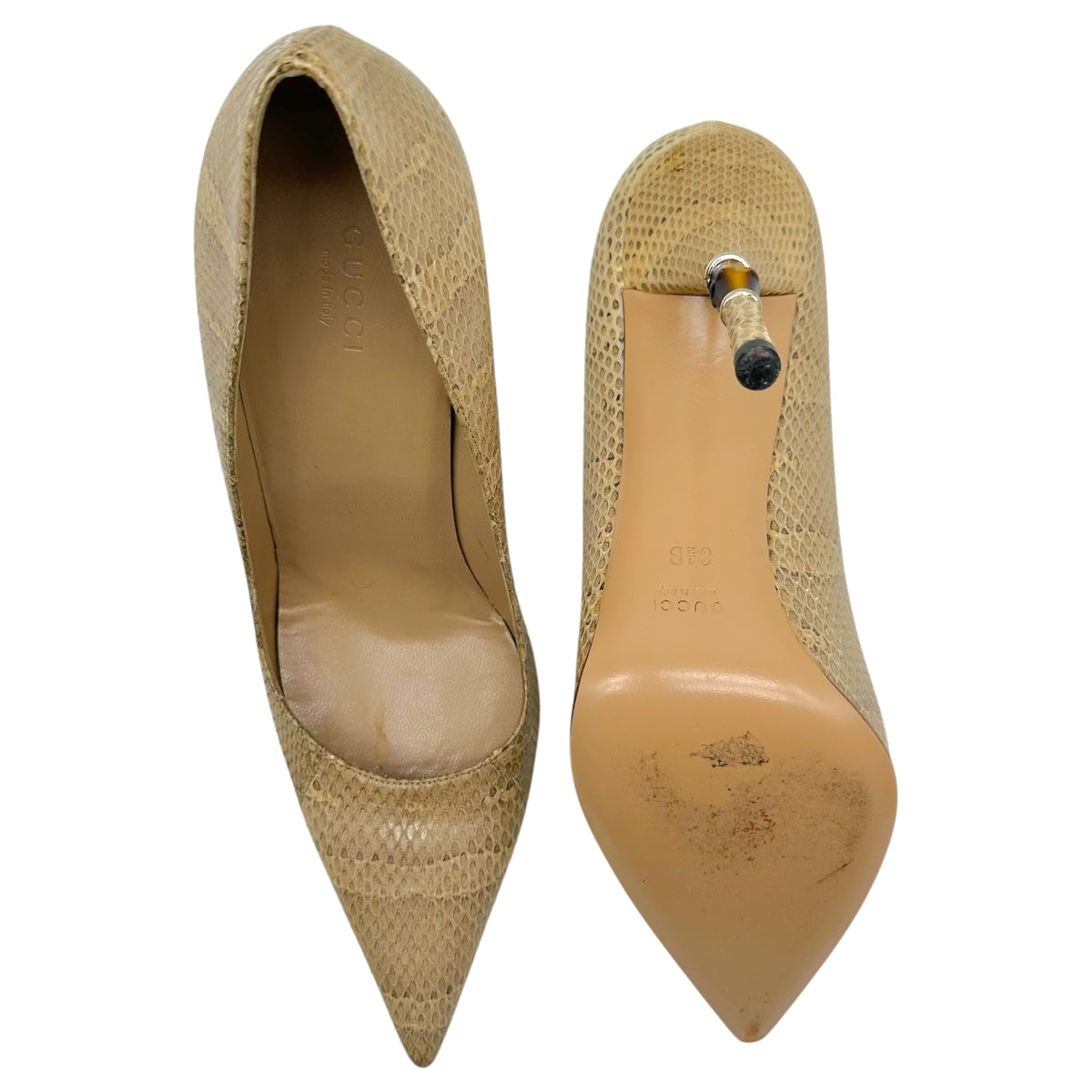 Gucci Ivory Snakeskin Bamboo Heel Pointed Toe Pumps