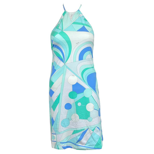 Emilio Pucci Light Blue Printed Tie-Back Halter Mini Dress