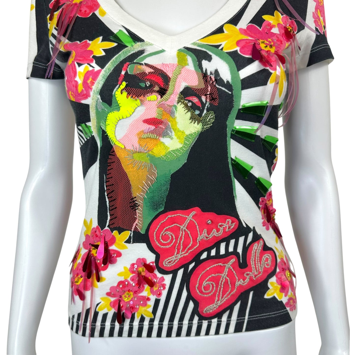 Christain Dior F/W 2004 Dior Dolls Sequin & Leather Embellished Graphic T-Shirt