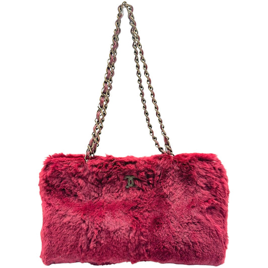 Chanel Burgundy Rabbit Fur Shoulder Tote Bag