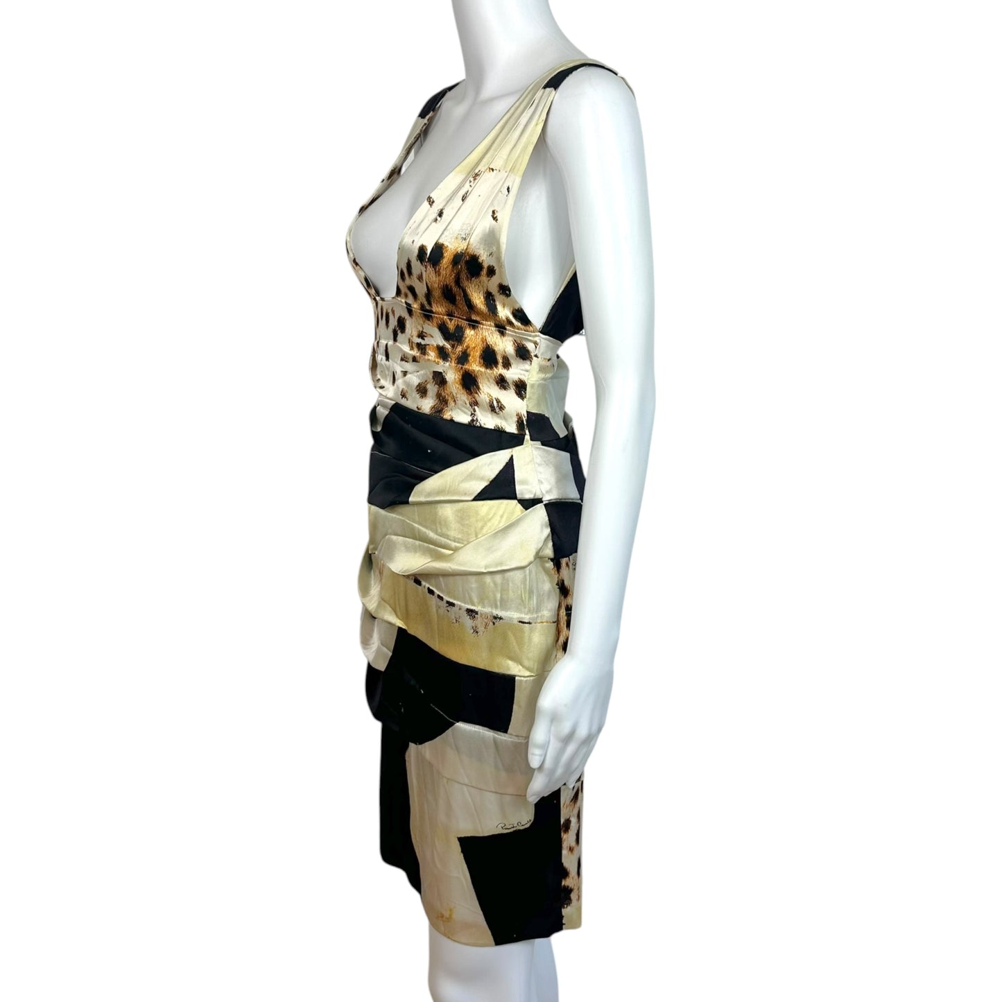 Roberto Cavalli Black & Ivory Striped Leopard Print Silk Plunge Mini Dress