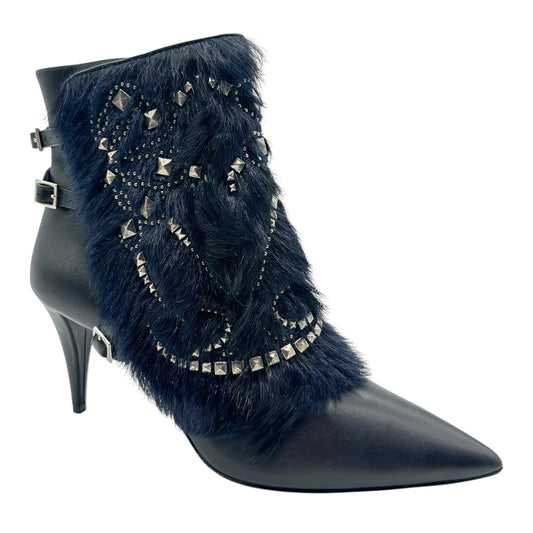 Roberto Cavalli Black Leather Studded Fur Trim Heeled Boots