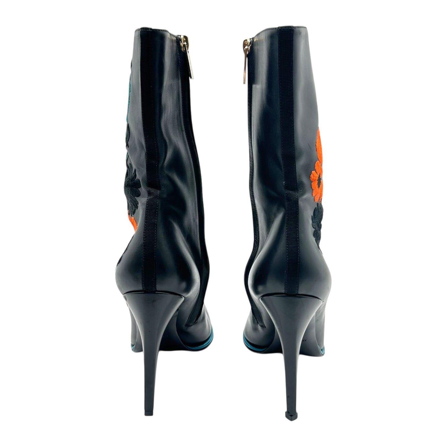 Versace Black Leather Floral Patchwork Heeled Boots