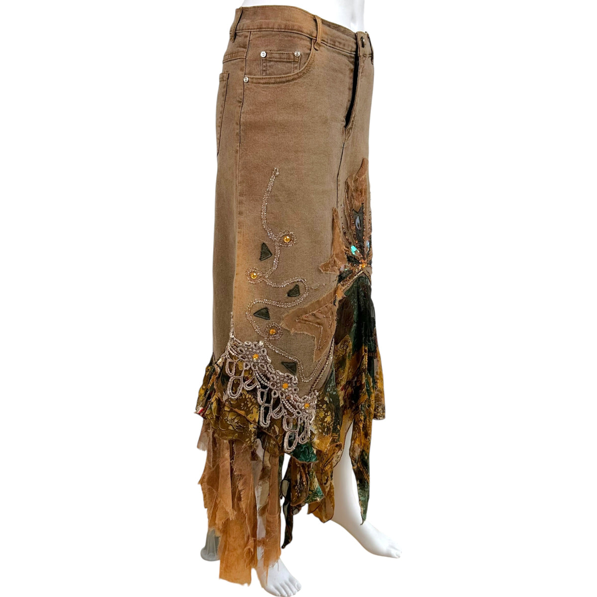 Vintage Brown Silk Denim Sequin Midi Skirt