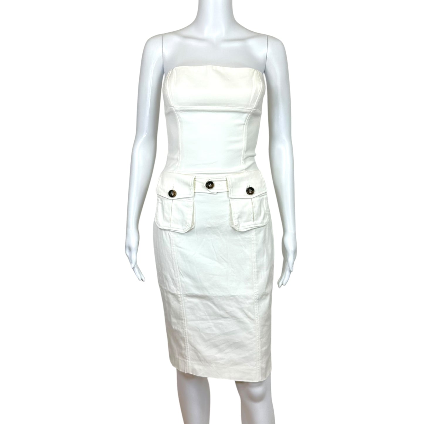 Dsquared2 White Strapless Corseted Pocket Front Midi Dress