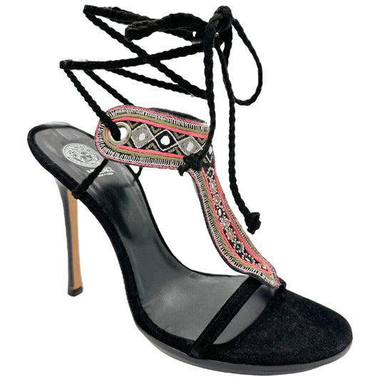Versace Black Suede Embroidered Wrap Heels