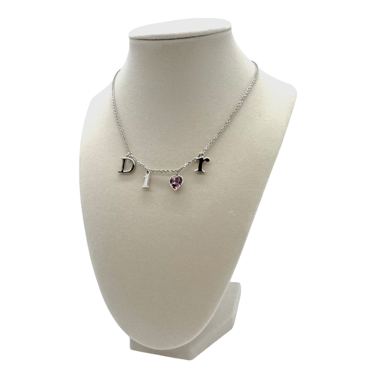 Christian Dior Silver Spell-Out Logo & Pink Crystal Heart Necklace