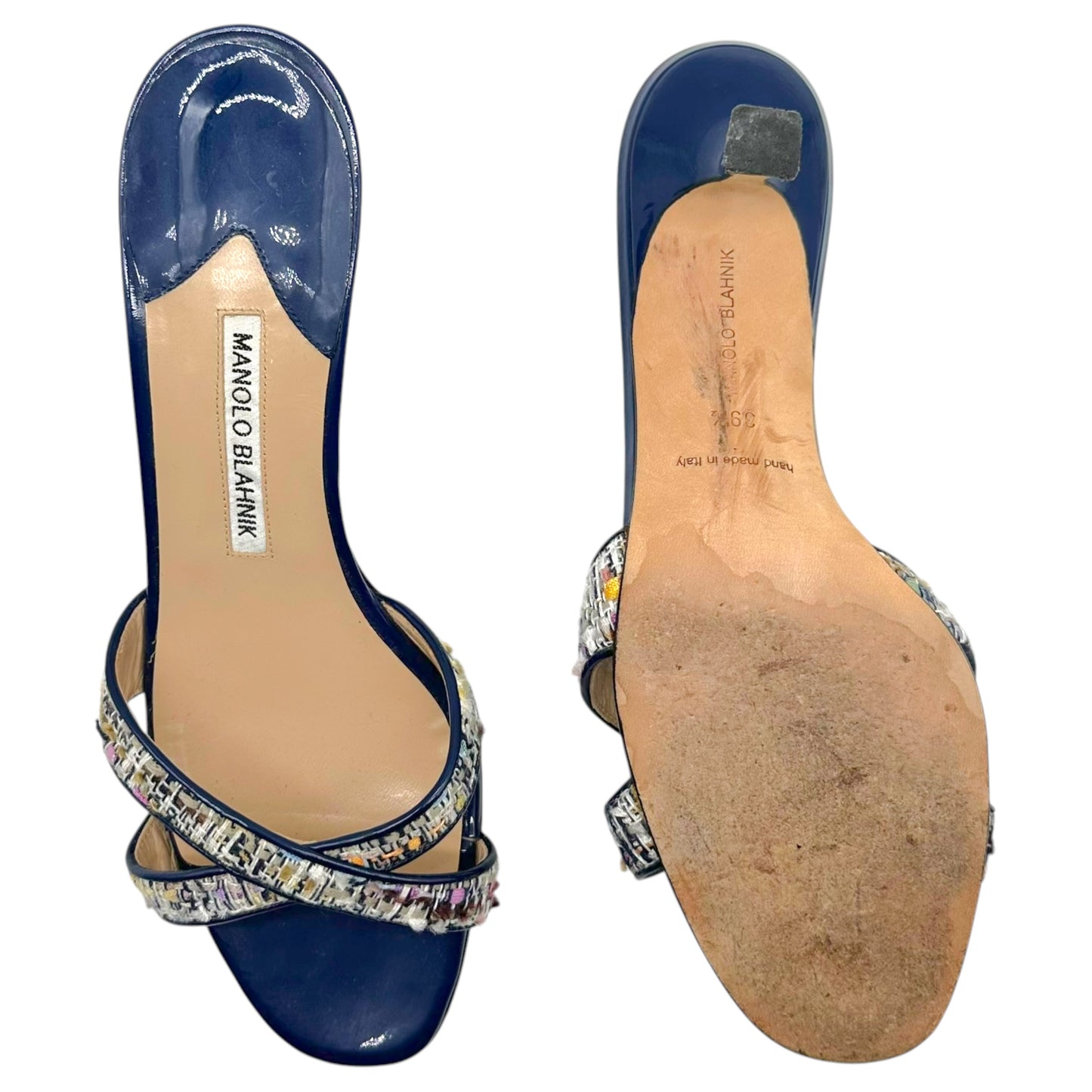 Manolo Blahnik Blue Patent & Multicolor Tweed Kitten Heel Sandal Mules