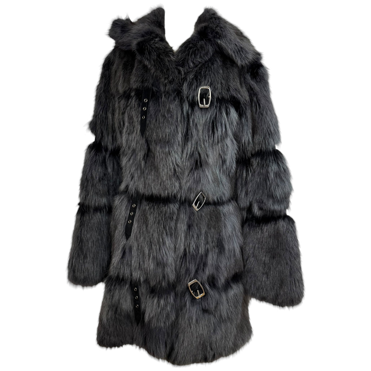 J-White Fox Fur Coat Gray Black Buckle 1990s Vintage