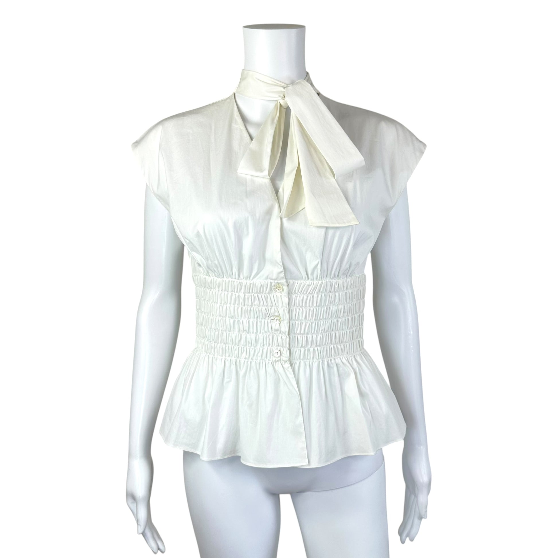 Christian Dior White Cinch Waist Tie Neck Blouse
