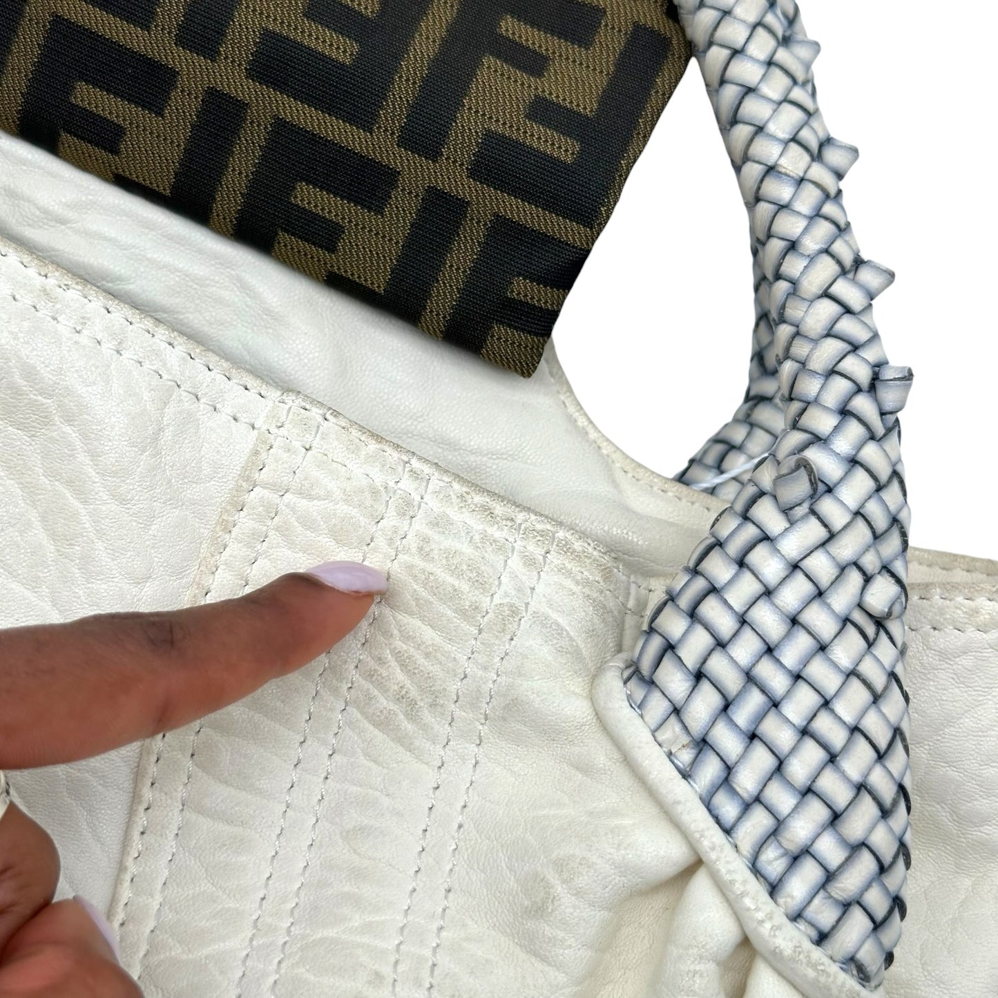 Fendi White Leather Hobo Bag with Woven Handles