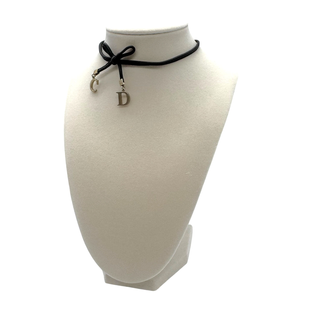 Christian Dior Black Leather & Silver CD Logo Charm Bow Choker Necklace