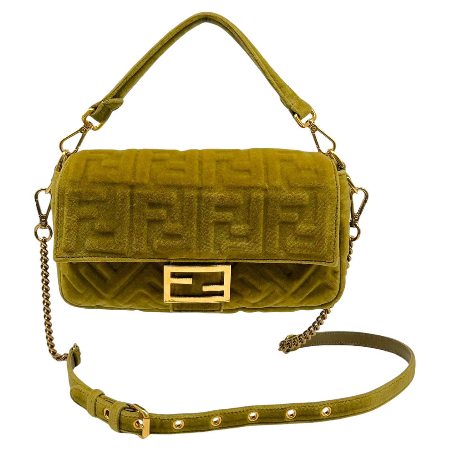 Fendi Khaki Green Velvet Zucca Monogram 2-Way Baguette Bag