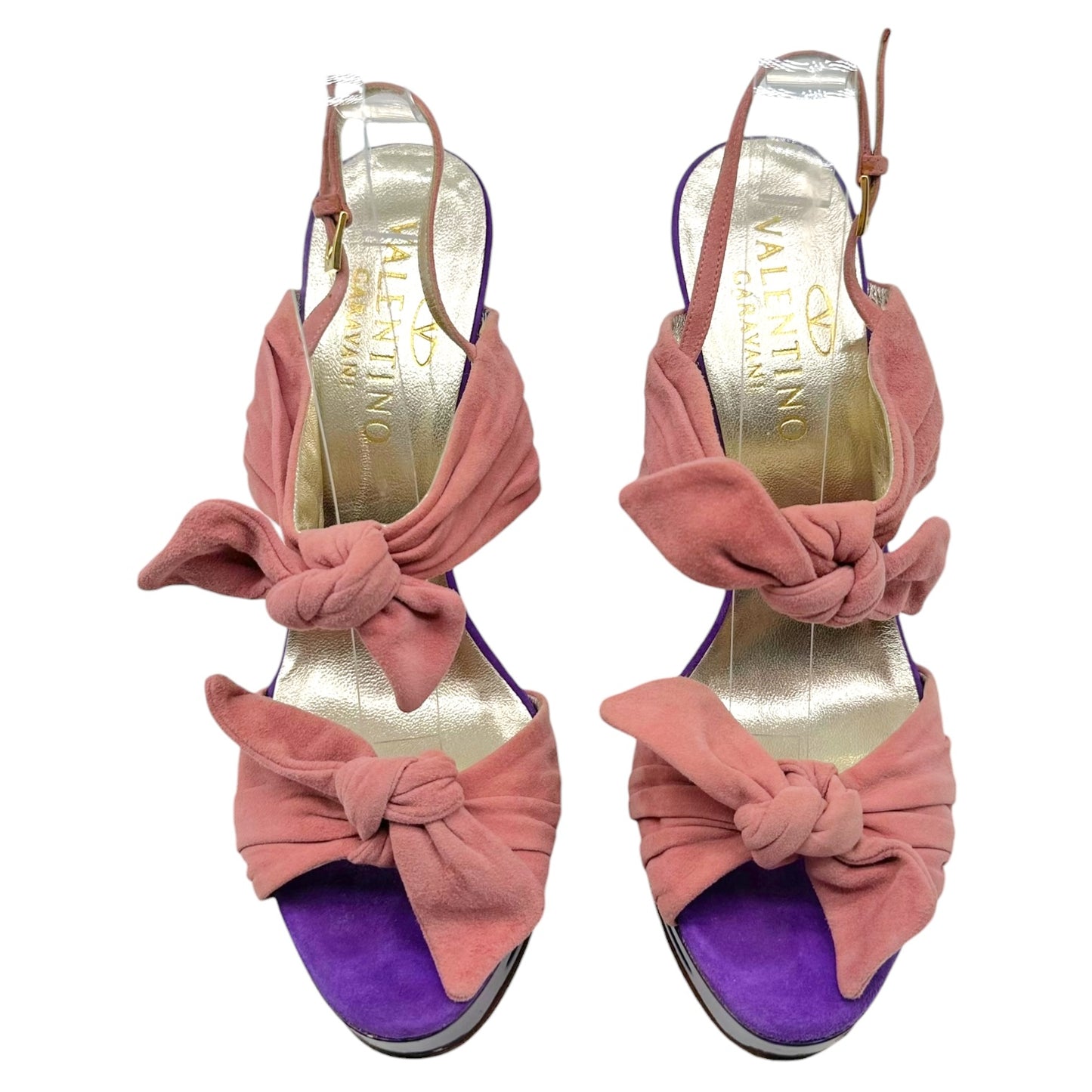 Valentino Garavani Pink Suede & Purple Cut-Out Platform Wedge Sandals