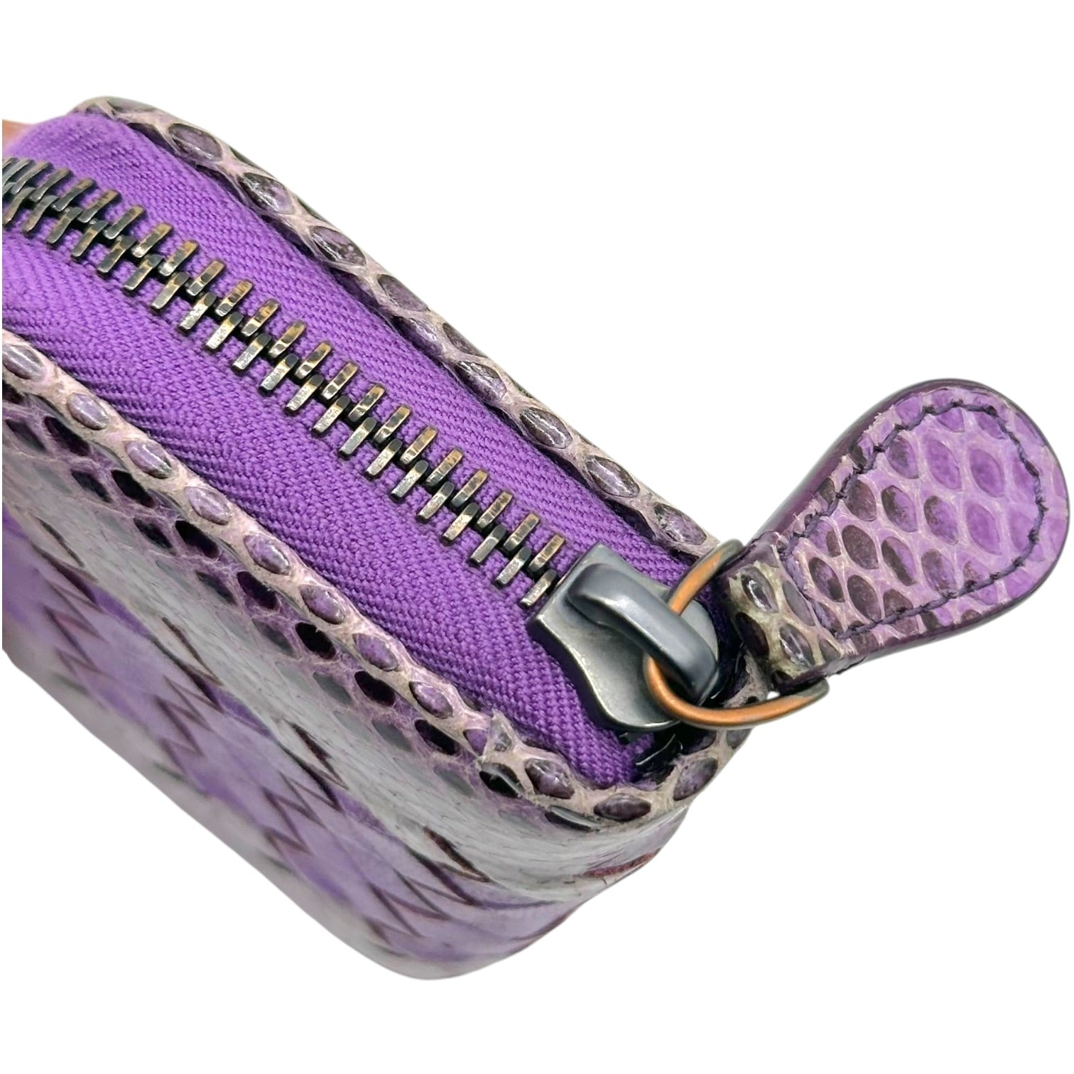 Bottega Veneta Mini Zip Wallet Purple Snakeskin Intrecciato