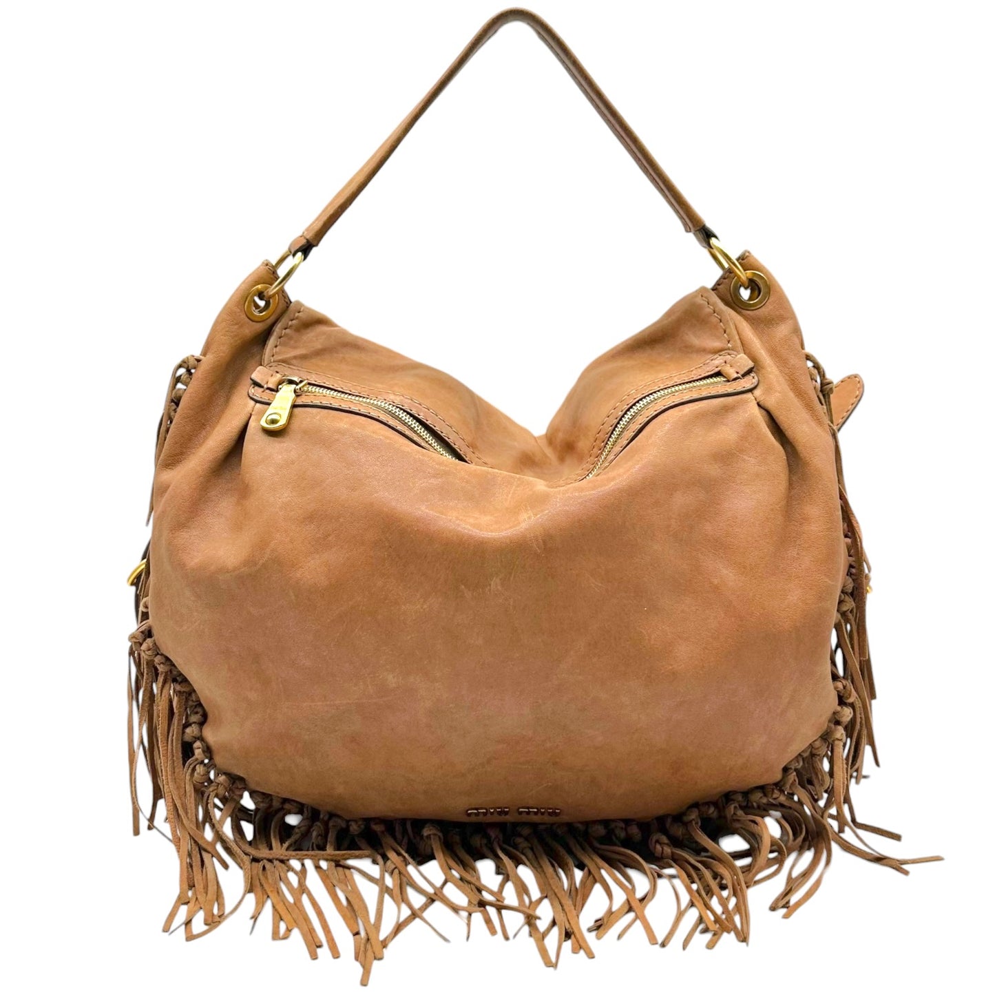 Miu Miu Brown Leather Fringe Trim 2-Way Hobo Bag