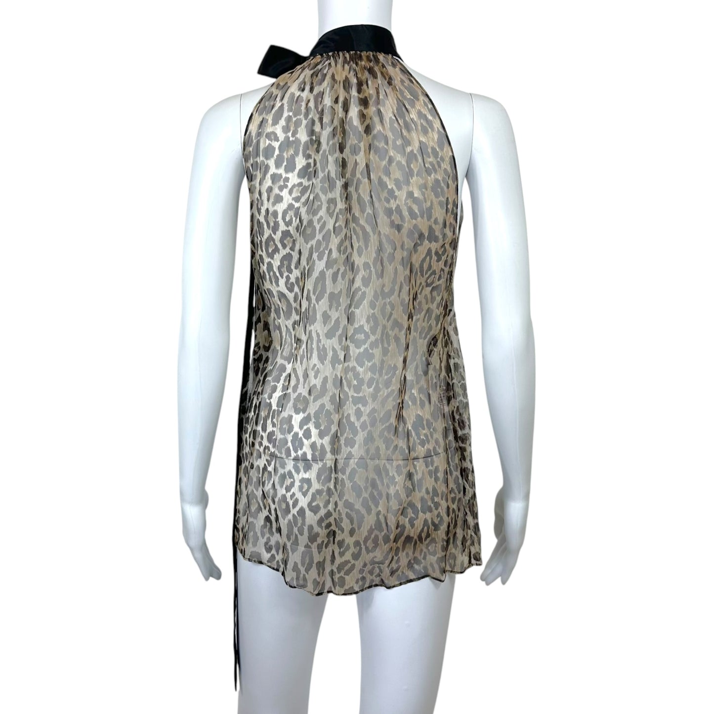 Dolce & Gabbana Sheer Leopard Print Silk Bow Neck Tie Halter Blouse