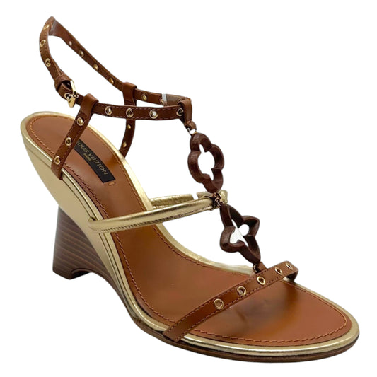 Louis Vuitton Brown & Gold Logo Motif Wooden Wedge Heel Sandals