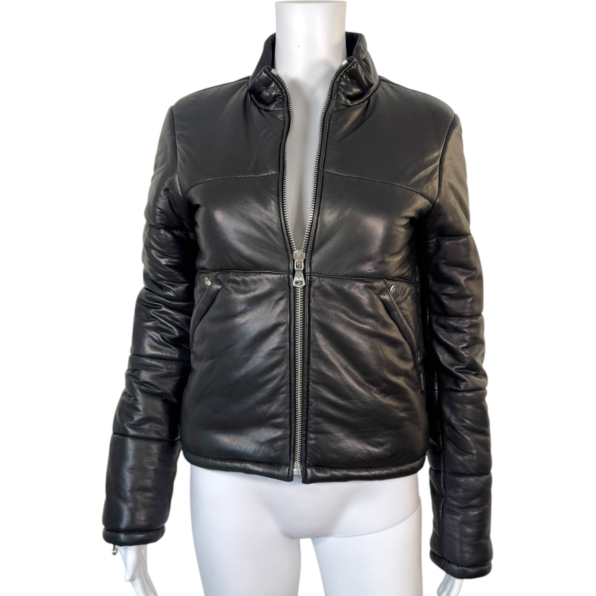 D&G Dolce & Gabbana Black Lambskin Leather Puffer Coat - Outfit Repeater