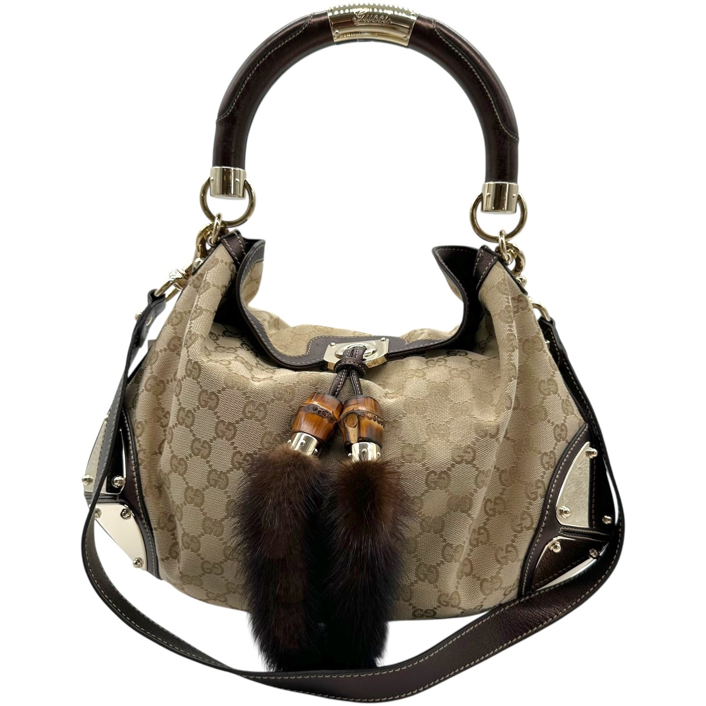Gucci Classic Monogram Canvas Mink & Bamboo Indy 2-Way Bag RARE - Outfit Repeater