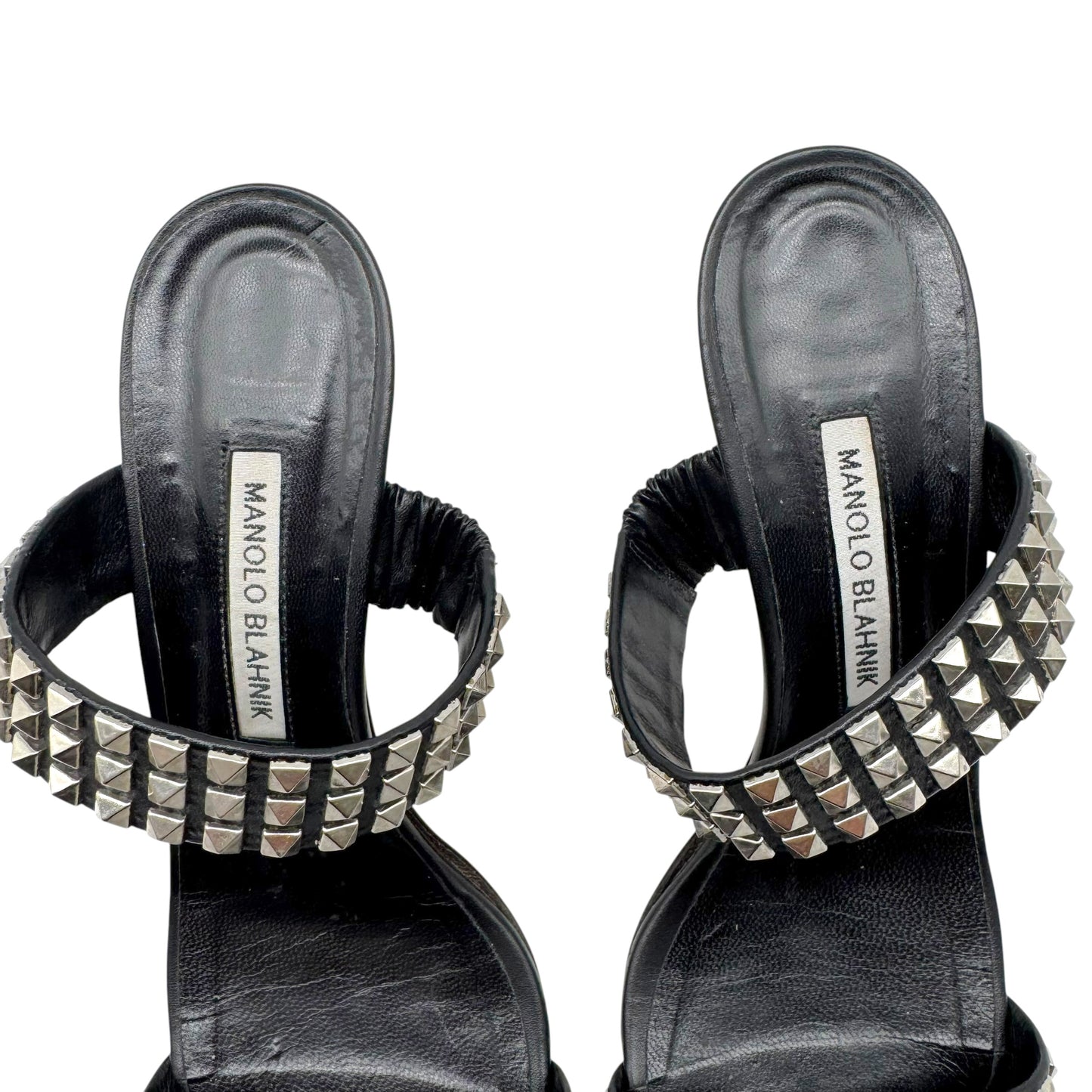 Manolo Blahnik Black & Silver Pyramid Stud Heeled Sandals