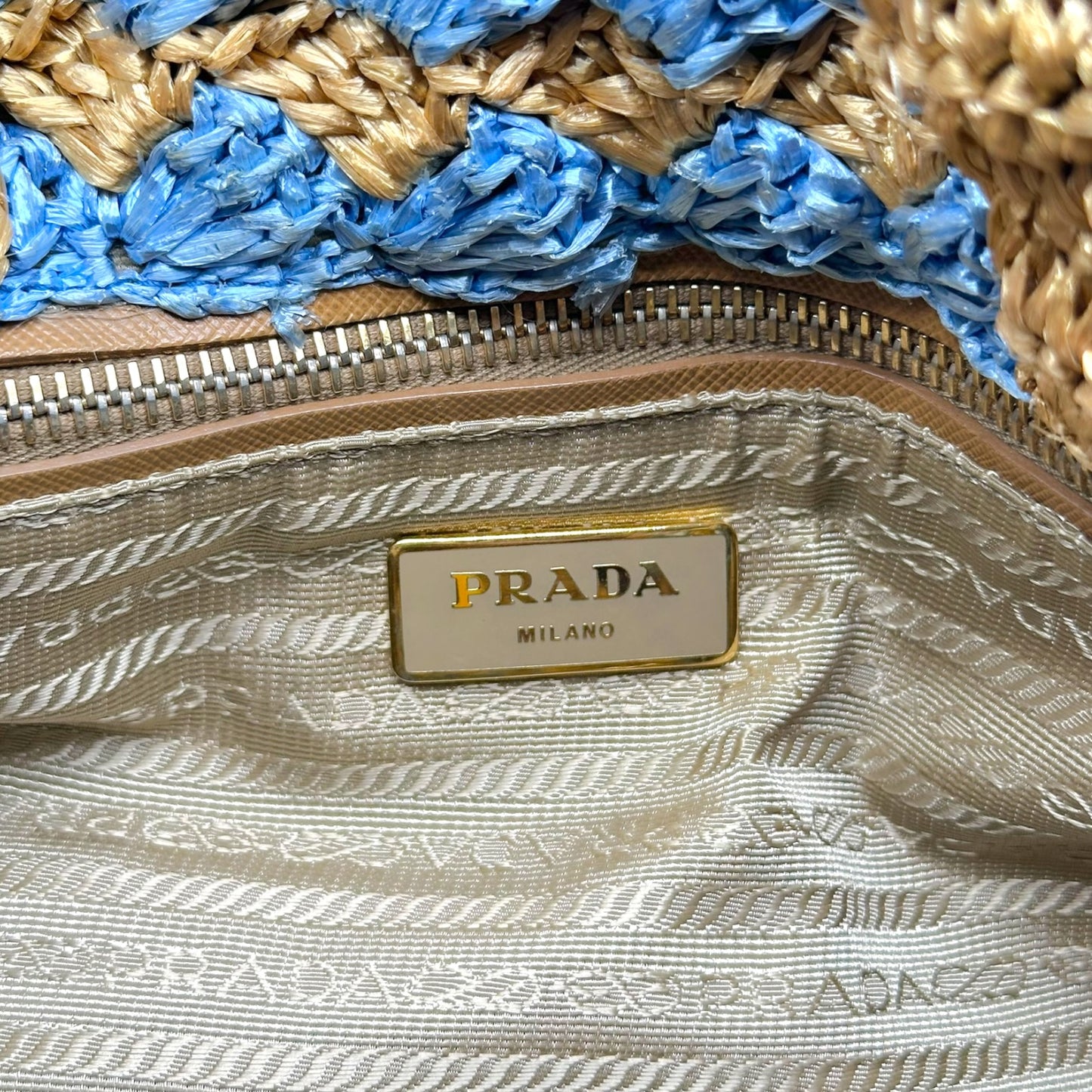 Prada Tan & Light Blue Woven Raffia Canapa Tote Bag