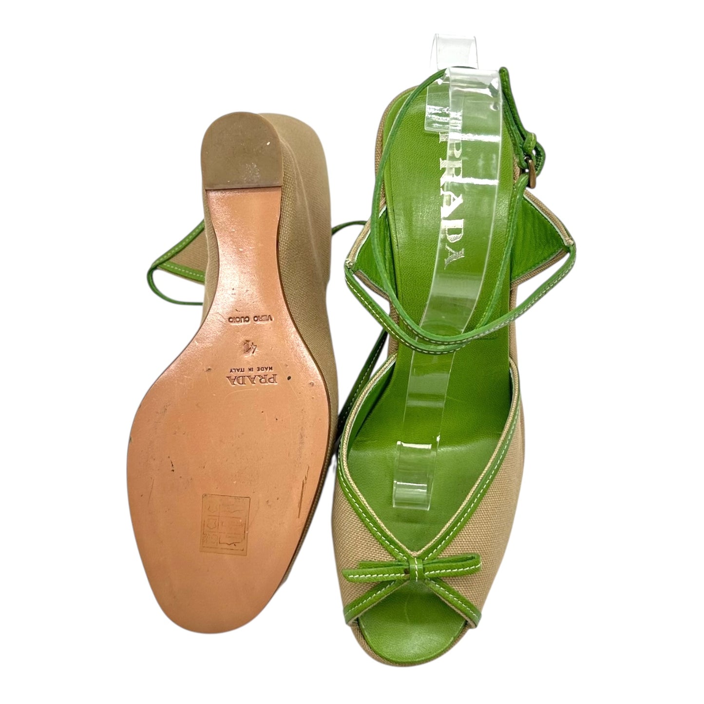 Prada 90's Green & Tan Bow Wedge Sandals