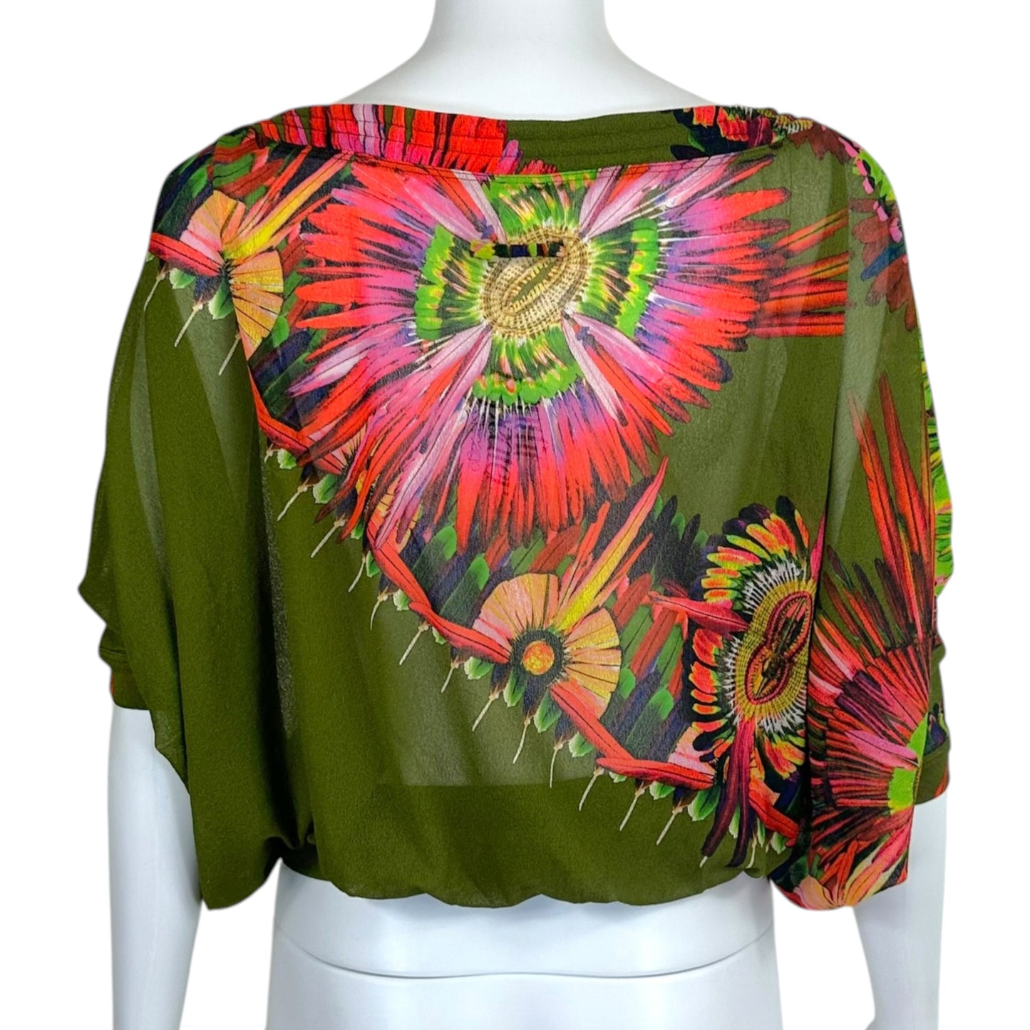 Jean Paul Gaultier Soleil Olive Green Multi Tropical Print Mesh Off-Shoulder Dolman Top