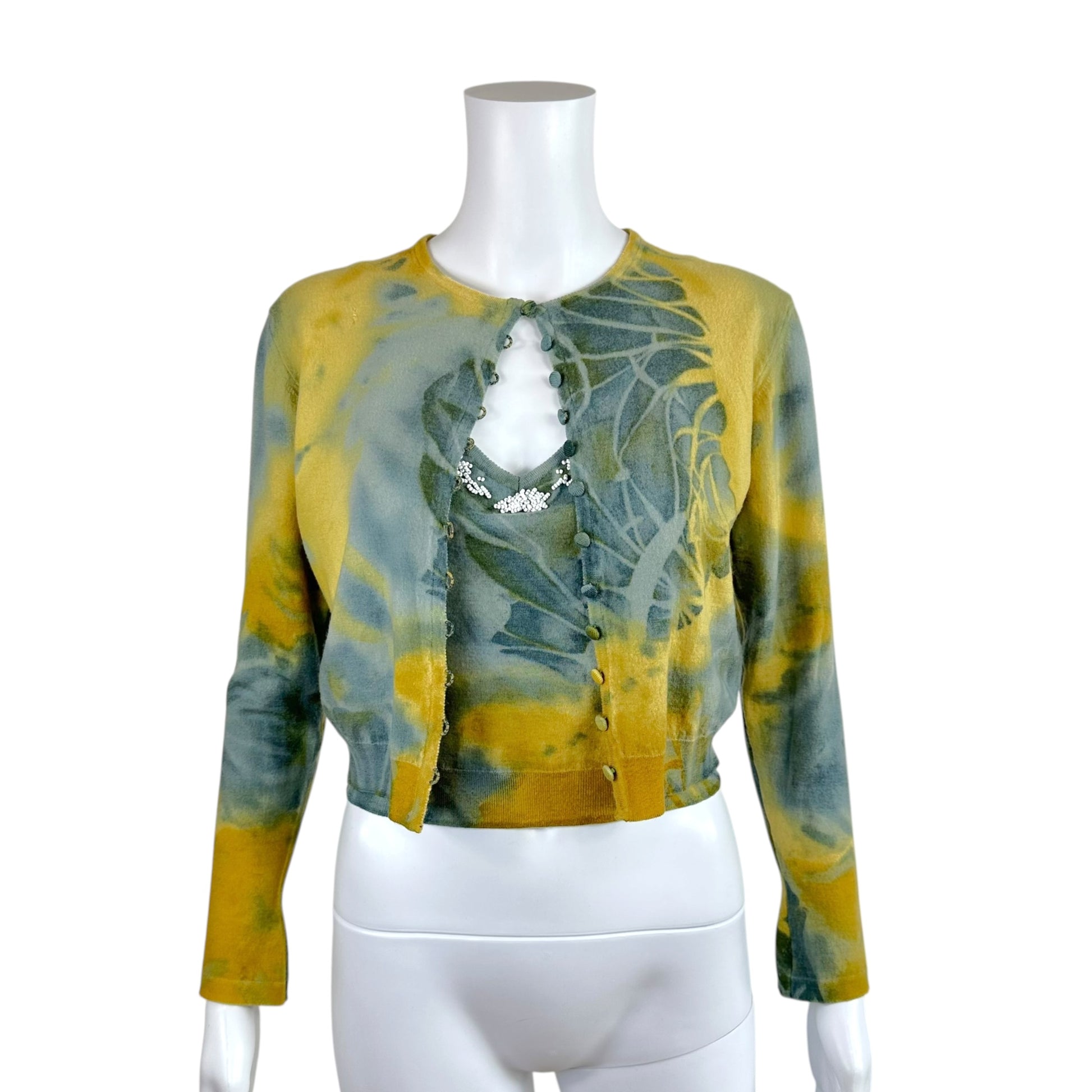 John Galliano Tie-Dye Beaded Cami Cardigan Set Beige Blue