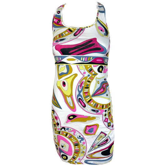 Emilio Pucci White Multicolor Printed Cross Back Mini Dress